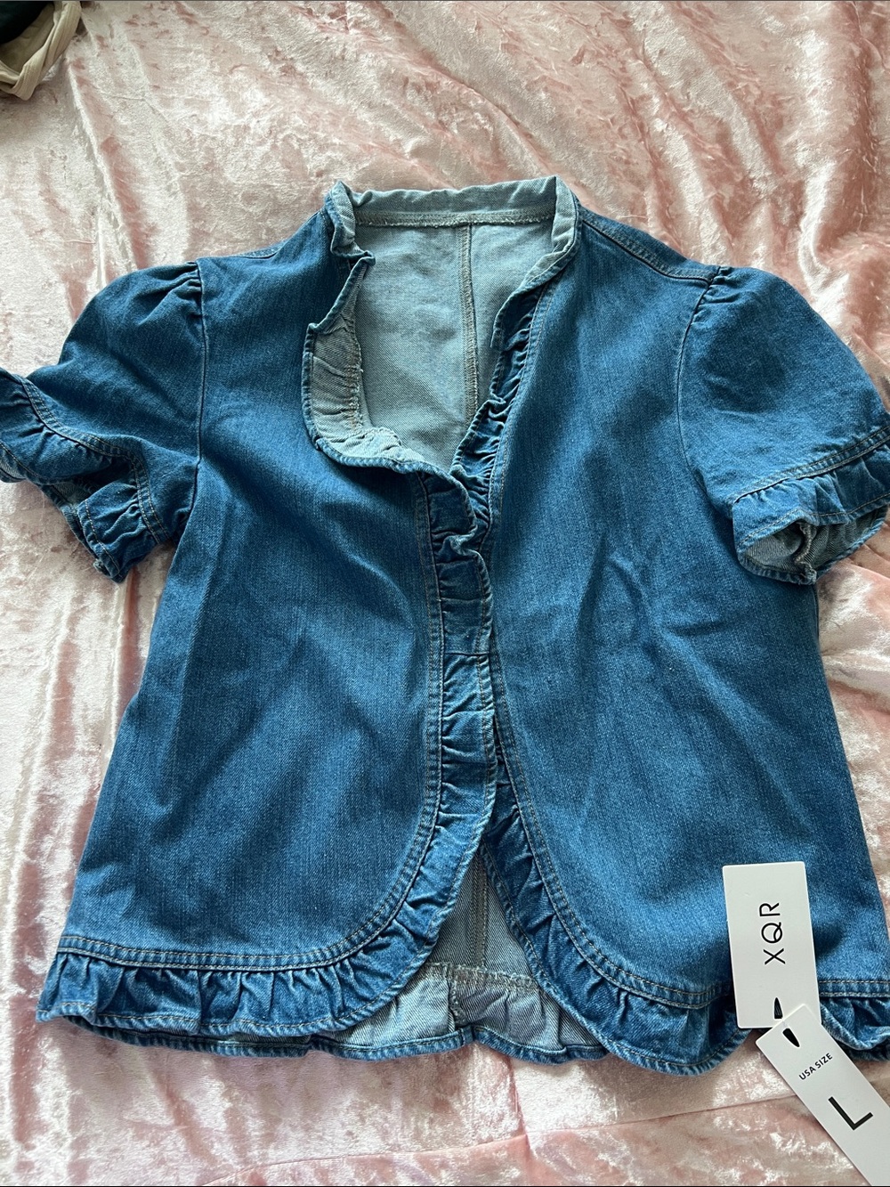 Amazon Denim Ruffle Short-Sleeve Jacket - Blue